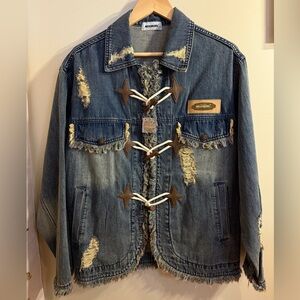 Distressed Denim Jacket with Star Toggle Closures - Blue